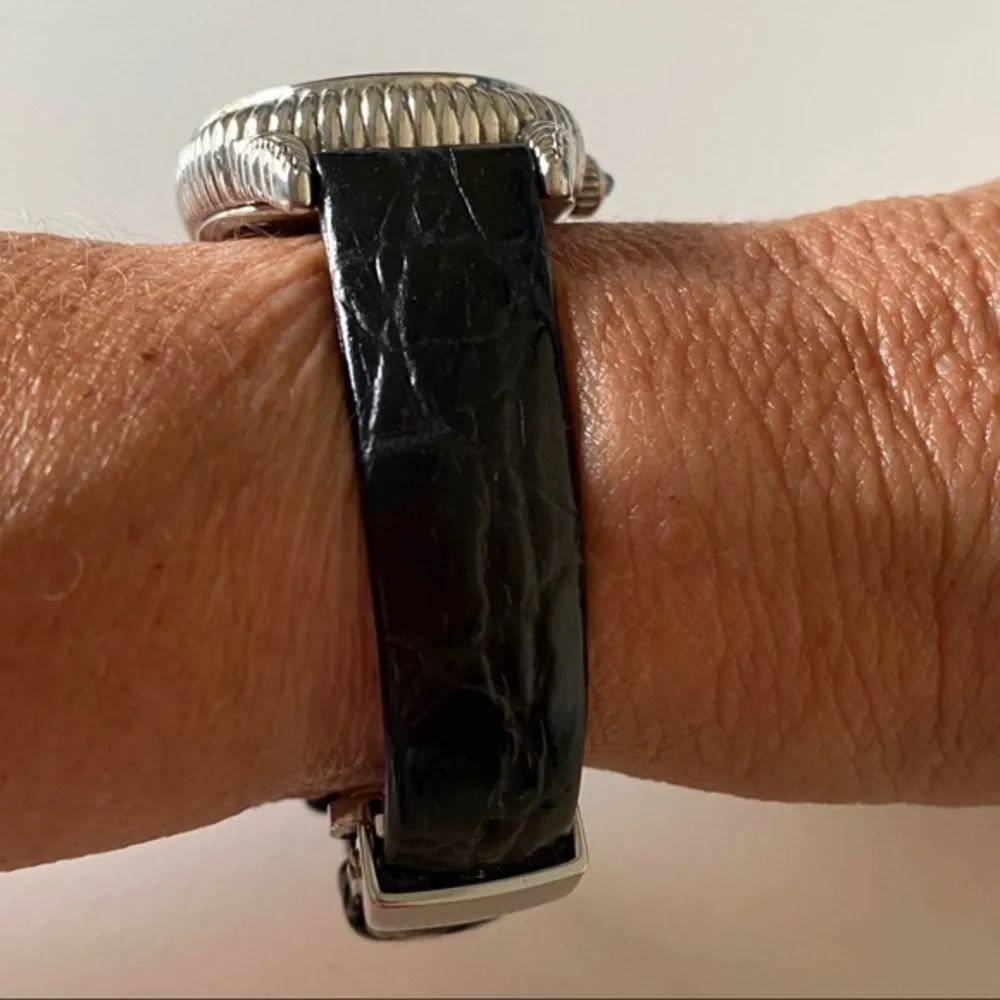 Judith Ripka 925 Sterling Silver Heart Watch Black Leather Band